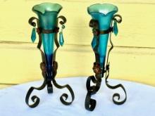 Pair of Bud Vases with Iridescent Blue Inserts and Three Tear Drop Crystals