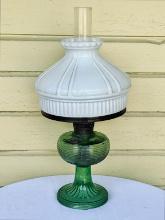Antique Green Alladin Beehive Lamp With Its Original Milk Glass Shade