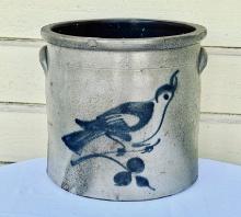 Wonderful Antique Four Gallon Salt Glaze Jar With Cobalt Blue Bird Decoration
