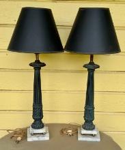 Pair Of Vintage Romanesque Metal Columned Table Lamps With Alabaster bases