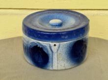 Blue & White Salt Glazed Butter Jar With Matching Lid