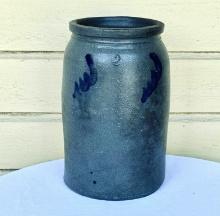 Two Gallon Virginia Salt Glaze & Cobalt Blue Decorated Antique Jar