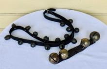 Antique Strand Of Brass Sleigh Bells On Leather Strap