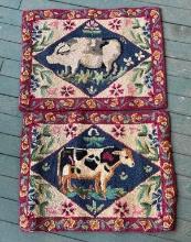 Lot of Two Vintage Cow & Pig Hooked Rugs