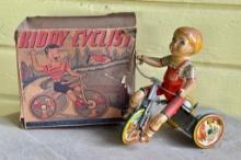 Antique Tin Litho Boy on Tricycle Bell Toy In Box