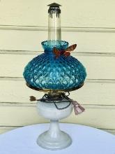 Victorian Electrified Oil Lamp with Blue Shade