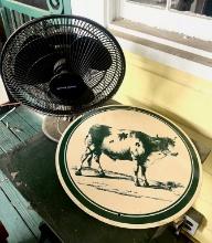 Metal Cow Sign and Climate Keeper Oscillating Fan