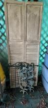 Louvered Door and Two Cast Iron Decorative Insets and Piece of Fence