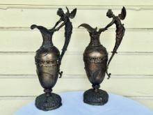 Pair of Victorian Bronze Spelter Woman Figural Fairy Handled Ewers
