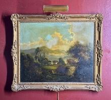Antique Oil On Canvas Landscape In Fancy Giltwood Frame With Lamp