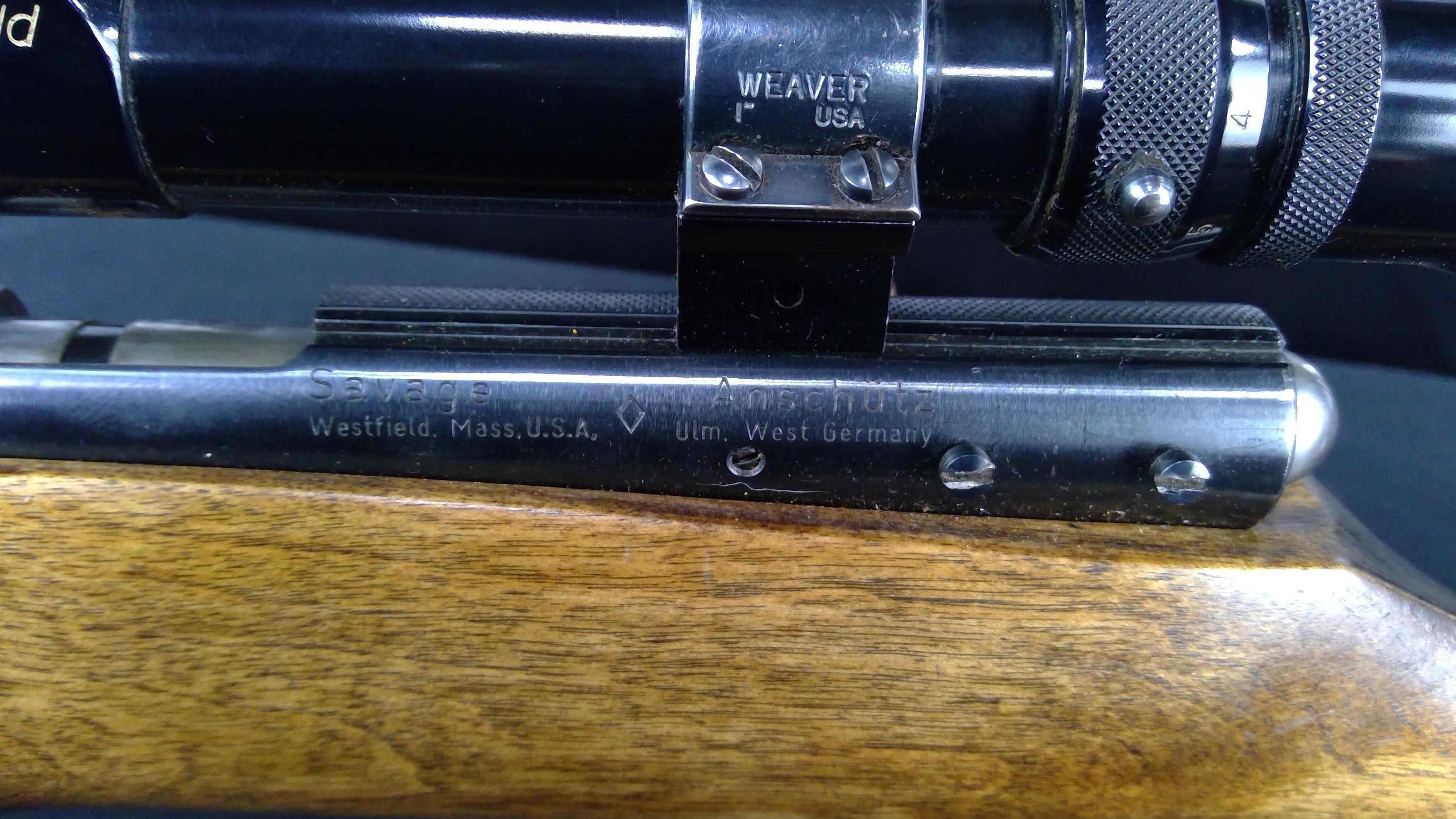 Savage Anschütz .22LR with 2-7x Redfield Scope. Has a cracked Stock