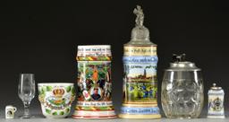 2 WWI GERMAN REGIMENTAL STEINS & 5 RELATED ITEMS.