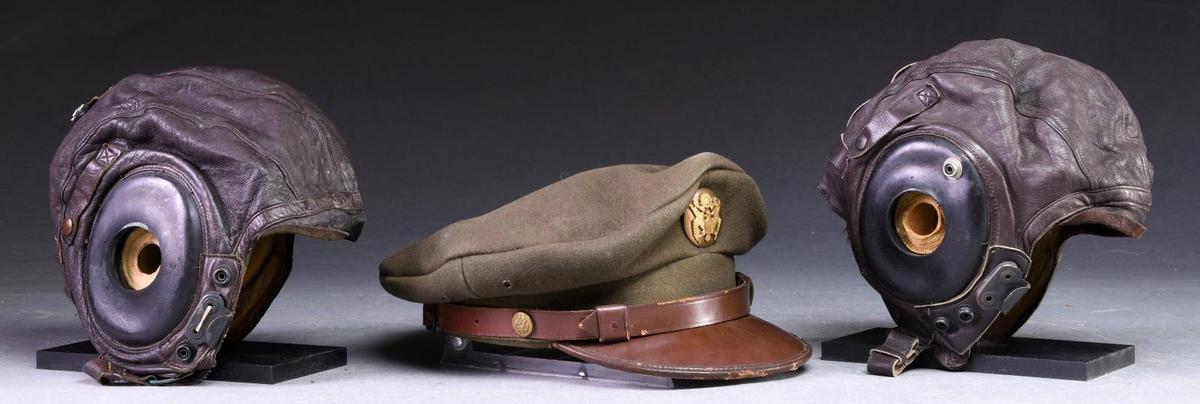 WWII ENLISTED VISOR CAP & 2 LEATHER FLIGHT