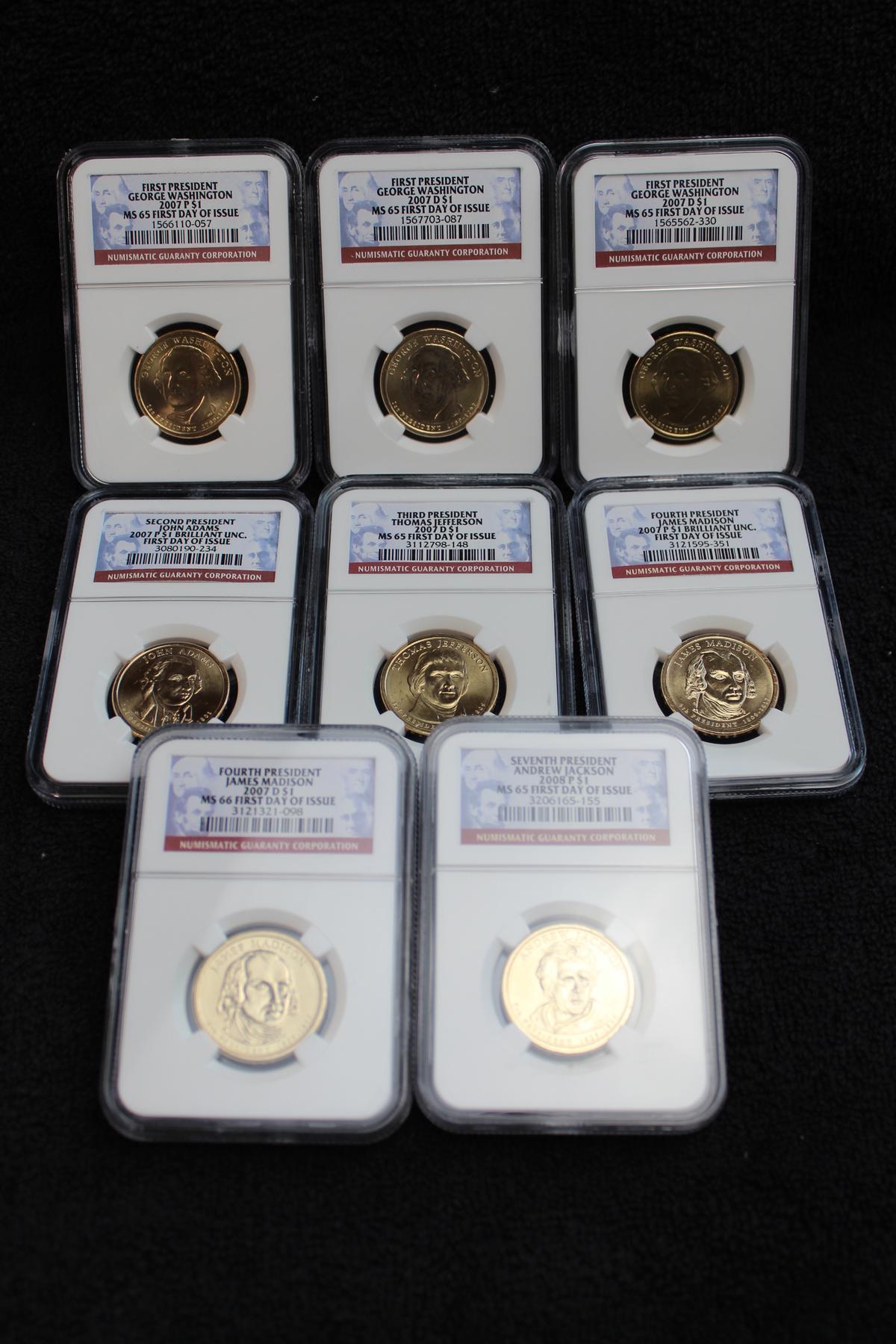 8 First Day of Issue Presidential Dollars NGC MS 65 & 66
