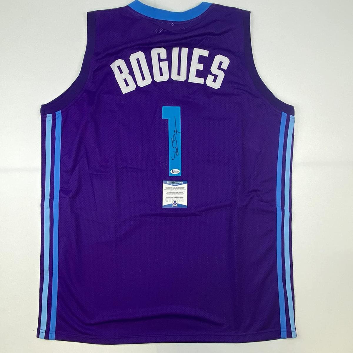 Autographed/Signed Muggsy Bogues Charlotte Purple Modern Basketball Jersey Beckett BAS COA