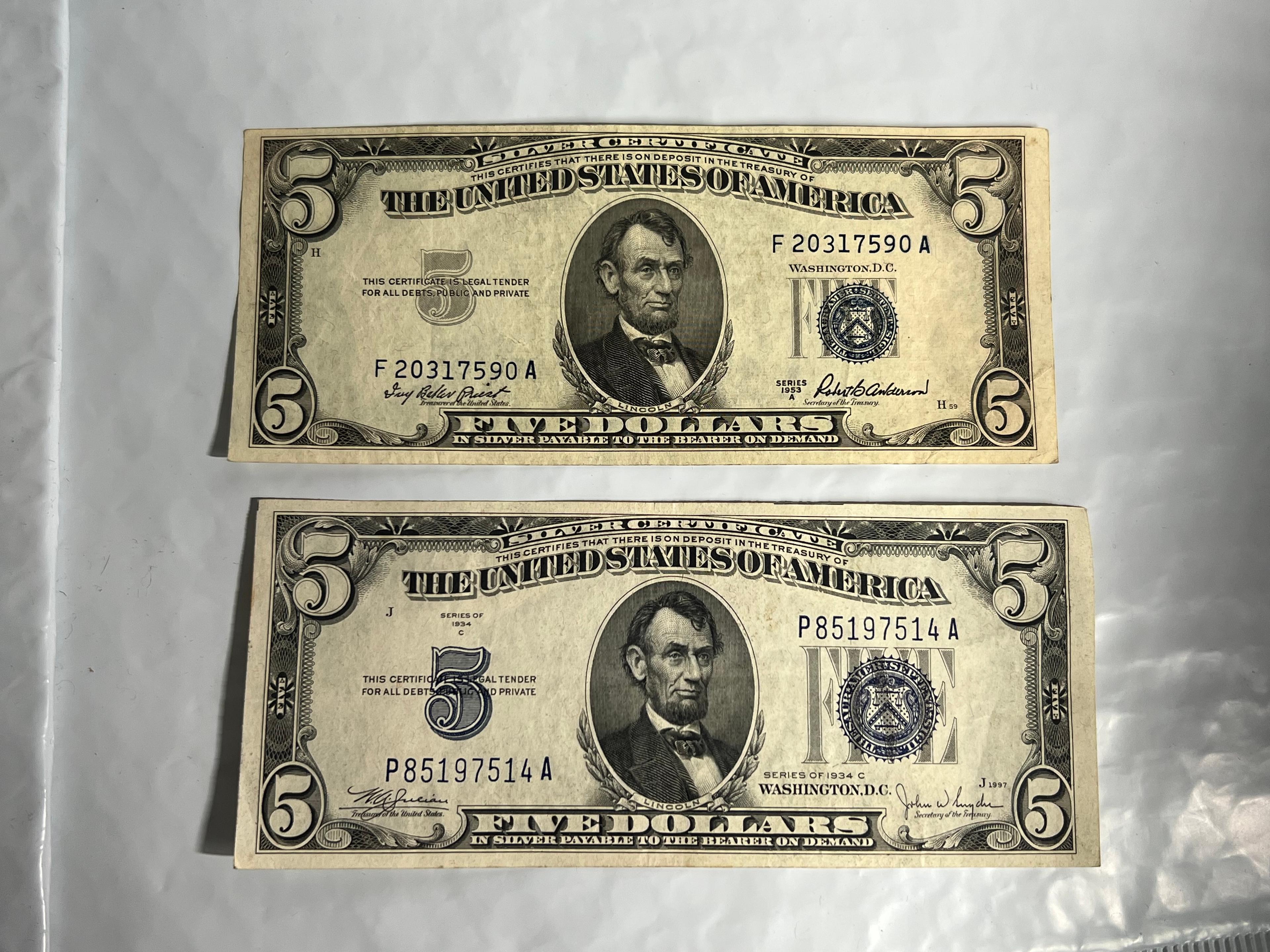 1934 & 1953 $5 Silver Certificates