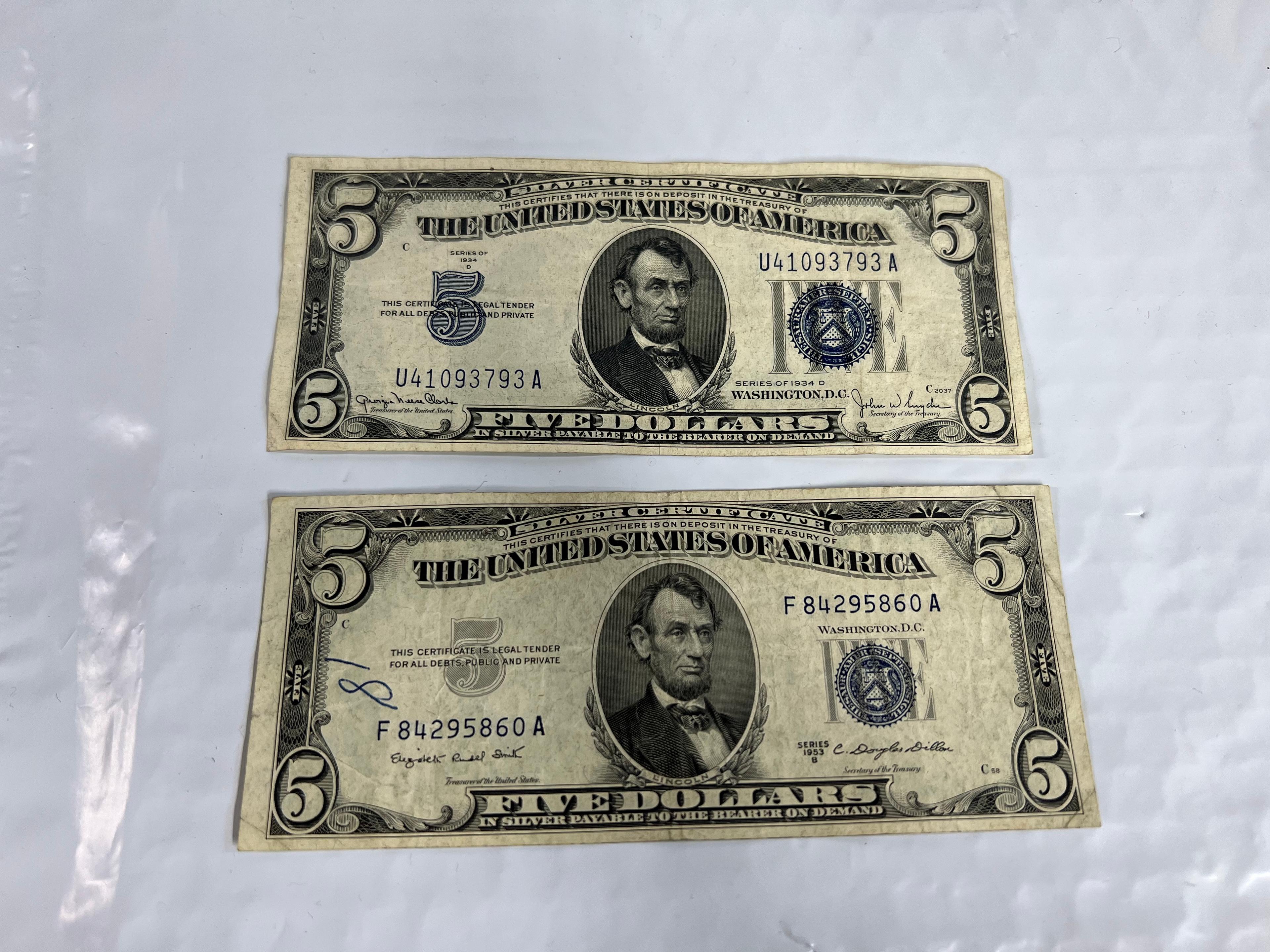 1934 & 1953 $5 Silver Certificates