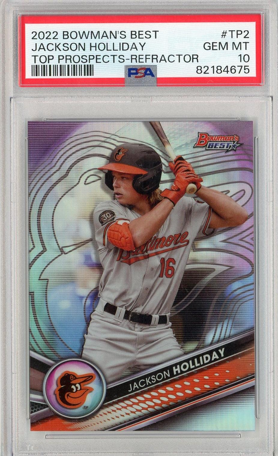 Graded 2022 Topps Bowmans Best Jackson Holliday #TP2 Top Prospects-Refractor Rookie RC Card PSA 10