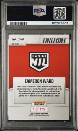Graded 2024 Panini Instant NIL Cam Ward #CWB Rookie RC Football Card PSA 10 Gem Mint