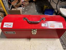HOMAK No. 200 Red Steel Hip Roof Tool Box, Nickel Plated Hardware, and Padlock Eye Drawbolt