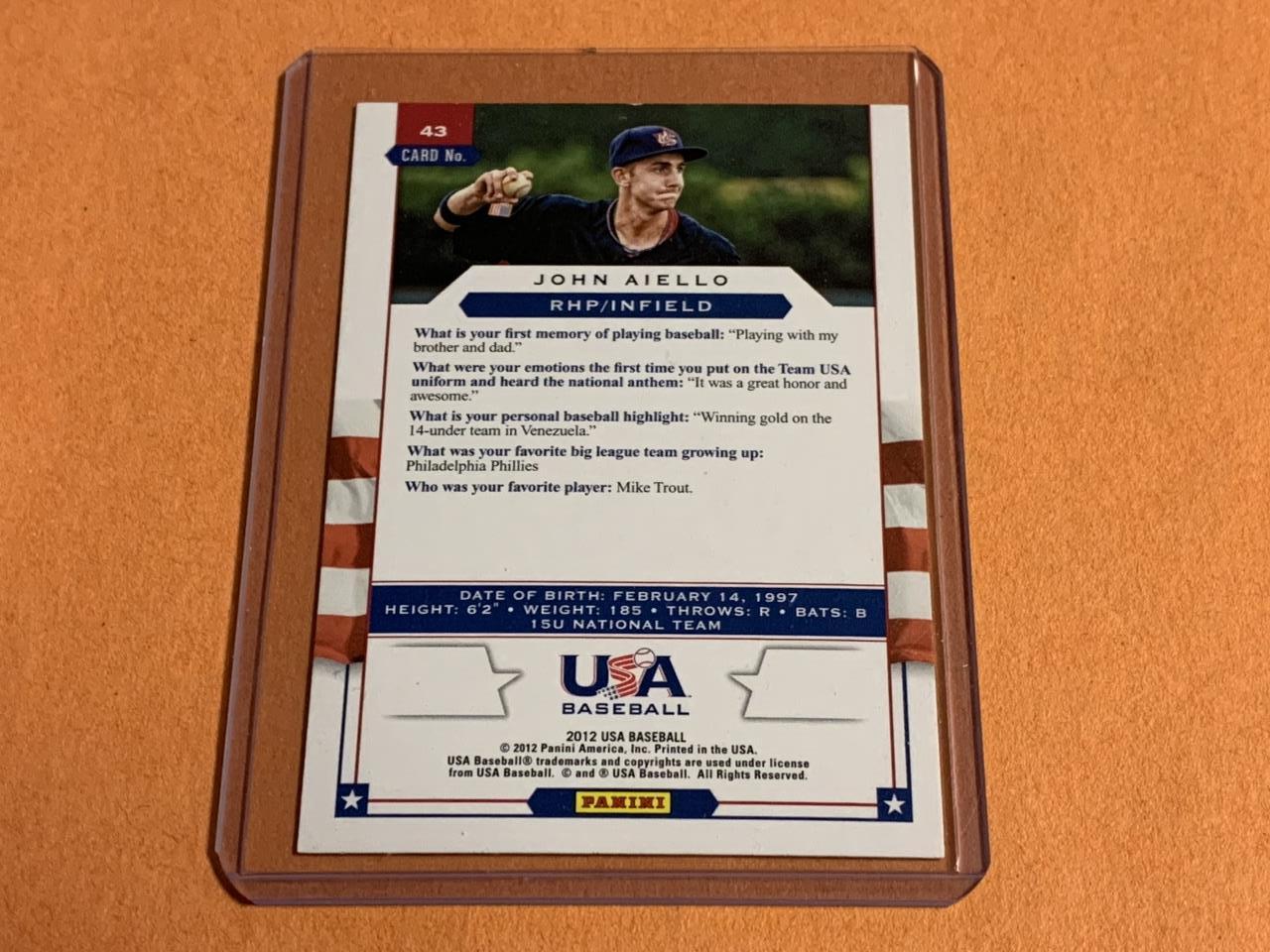 JOHN AIELLO 2012 USA AUTOGRAPH Baseball Card
