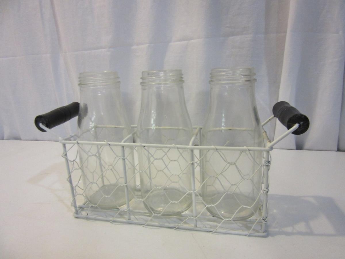 Wood Handled Wire Basket With 3 Bottles