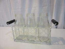 Wood Handled Wire Basket With 3 Bottles
