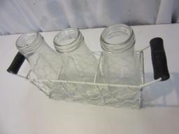 Wood Handled Wire Basket With 3 Bottles