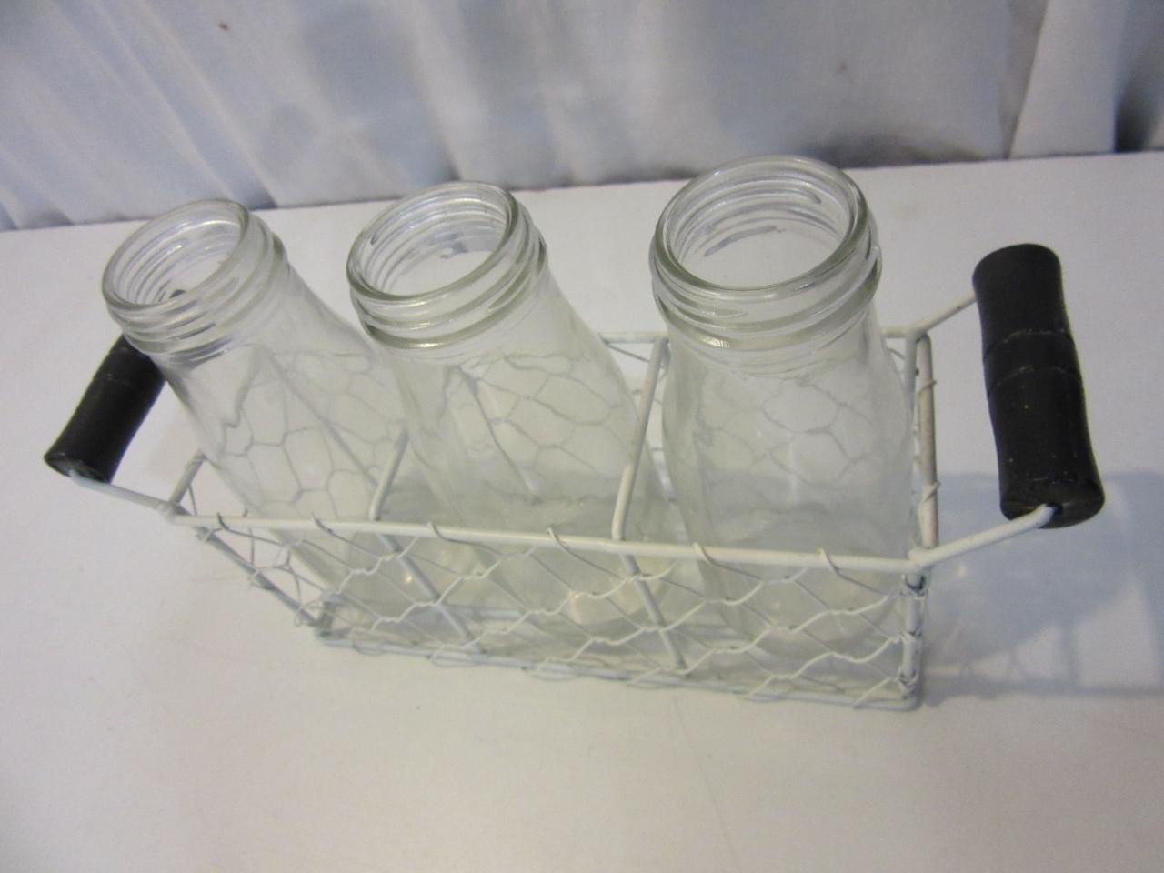 Wood Handled Wire Basket With 3 Bottles