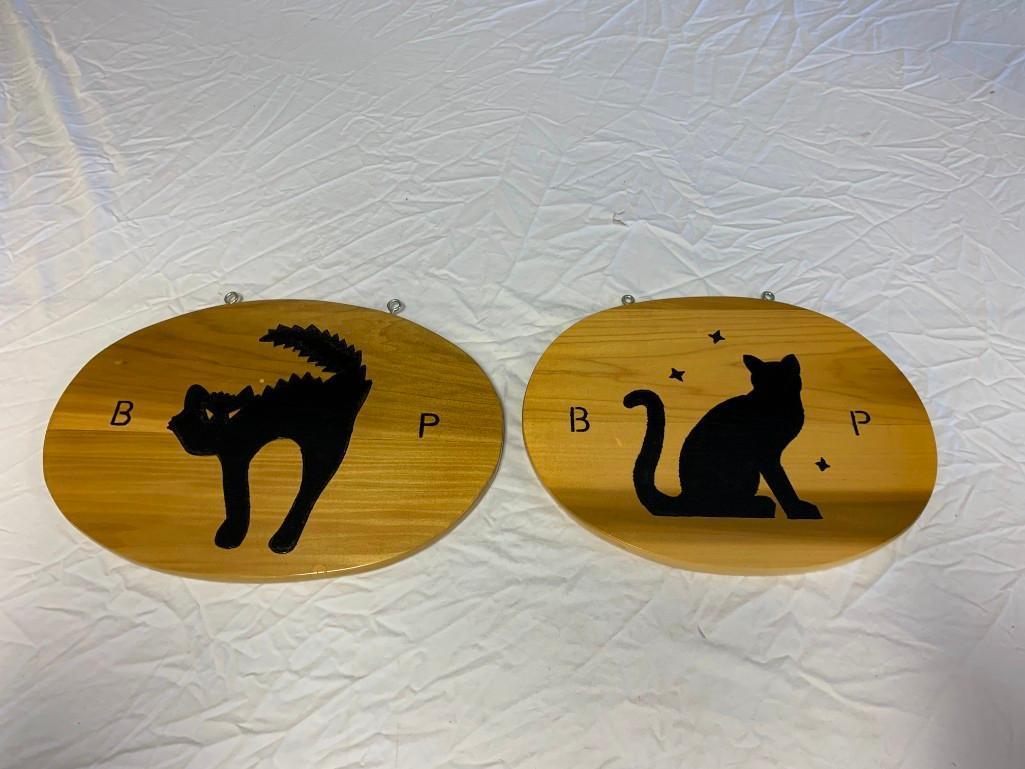 2 Custom Wood Hanging Plaques with BLACK CATS