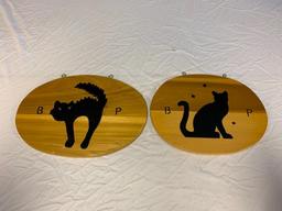 2 Custom Wood Hanging Plaques with BLACK CATS