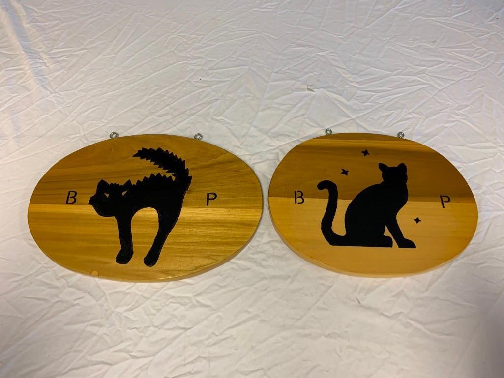 2 Custom Wood Hanging Plaques with BLACK CATS