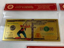 Lot of 3 24K GOLD Plated Foil WALT DISNEY Bills Novelty Collection Notes