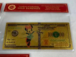 Lot of 3 24K GOLD Plated Foil WALT DISNEY Bills Novelty Collection Notes