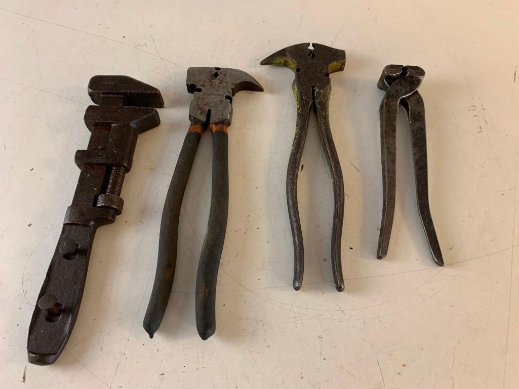 Lot of 3 Vintage Pliers with Fencing Pliers and a Vintage Pipe Wrench