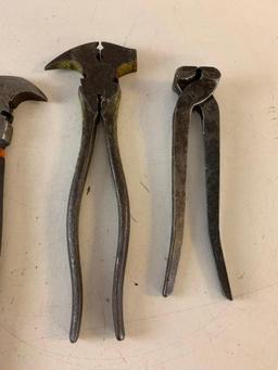 Lot of 3 Vintage Pliers with Fencing Pliers and a Vintage Pipe Wrench