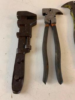 Lot of 3 Vintage Pliers with Fencing Pliers and a Vintage Pipe Wrench