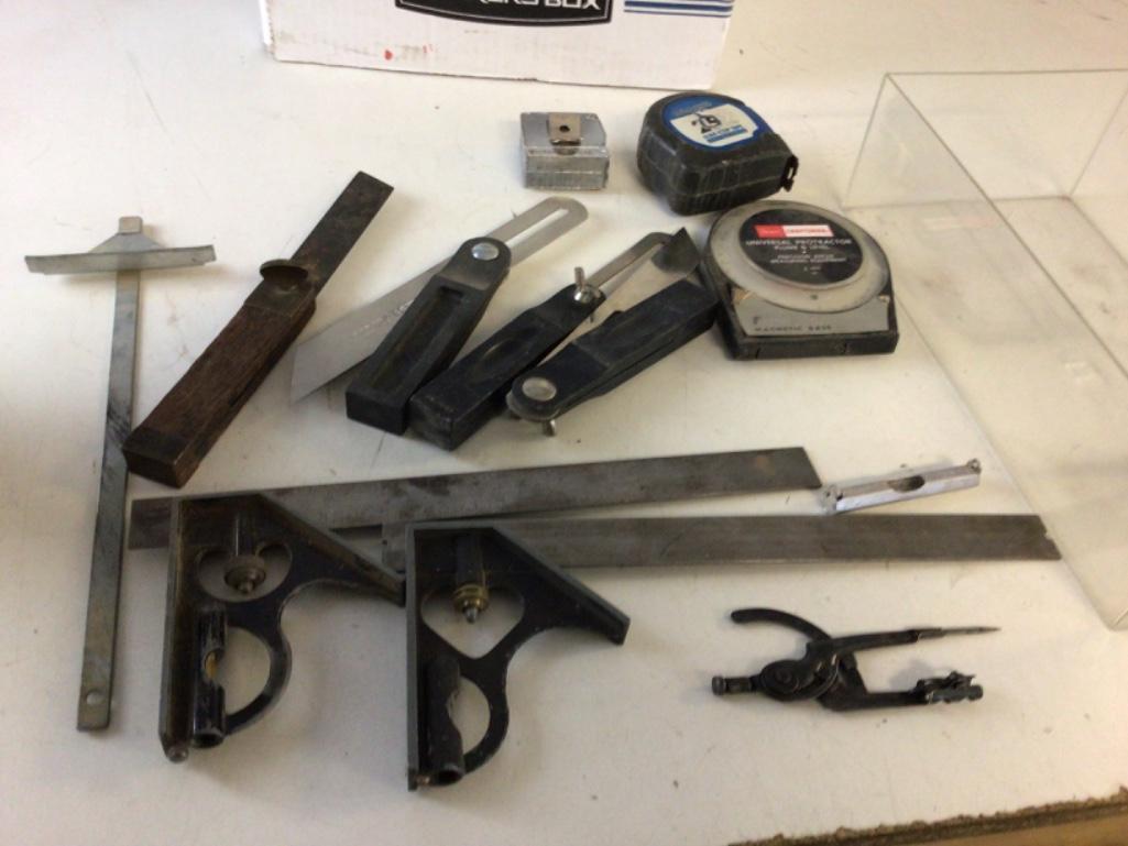 Lot of Measuring tools, includes four angle (one is vintage), two tape measures, two protractors ,