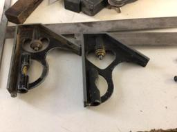 Lot of Measuring tools, includes four angle (one is vintage), two tape measures, two protractors ,
