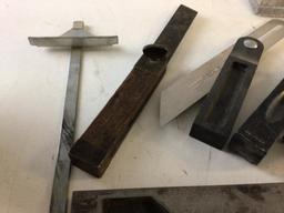 Lot of Measuring tools, includes four angle (one is vintage), two tape measures, two protractors ,