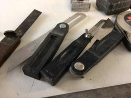Lot of Measuring tools, includes four angle (one is vintage), two tape measures, two protractors ,