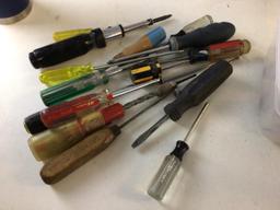 Large lot of screwdrivers, flat head, Phillips, with socket, hex head, etc.