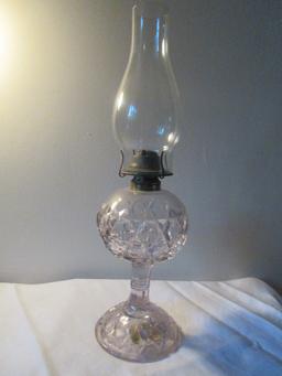 ANTIQUE CLEAR GLASS ROUND STEM FOOTED BASE OIL KEROSENE LAMP