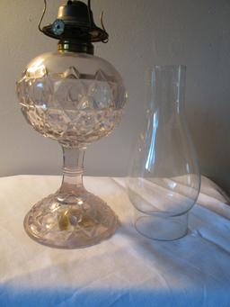 ANTIQUE CLEAR GLASS ROUND STEM FOOTED BASE OIL KEROSENE LAMP