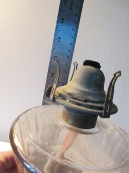 Antique metal base stem pink glass font oil kerosene lamp