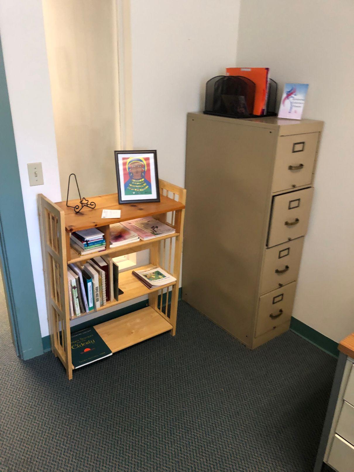 Desk; Book Shelf & Artwork