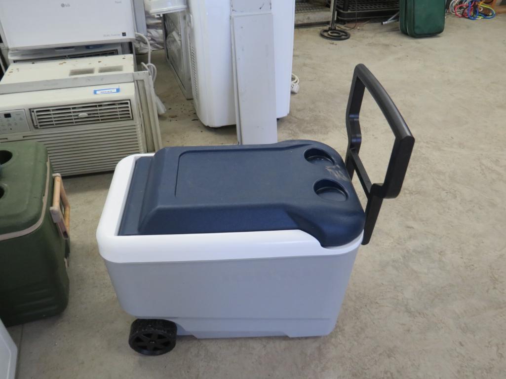 (4) Coolers & (1) Poly Storage Bin