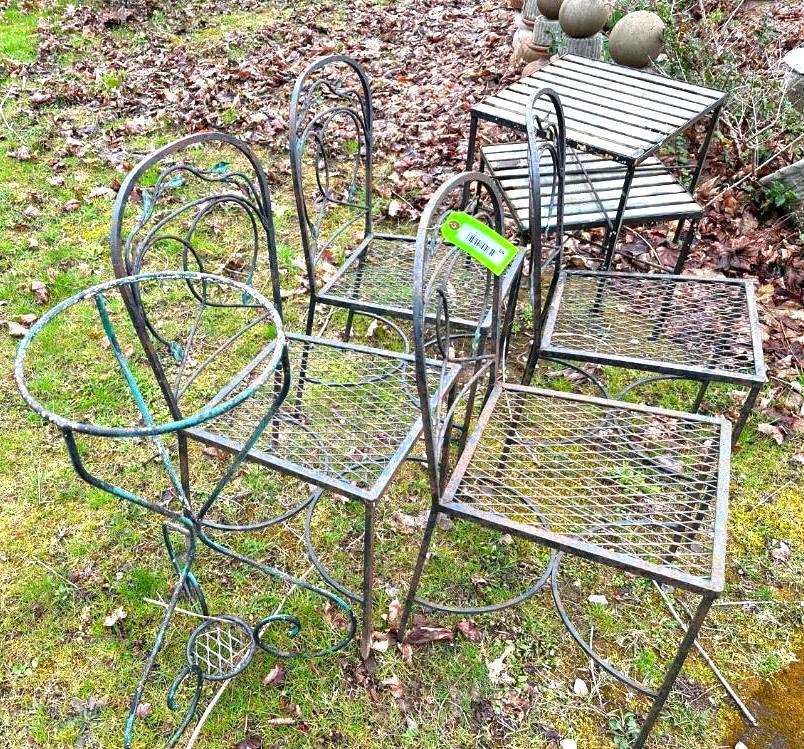 (4) Iron Chairs, (2) Tables & Planter