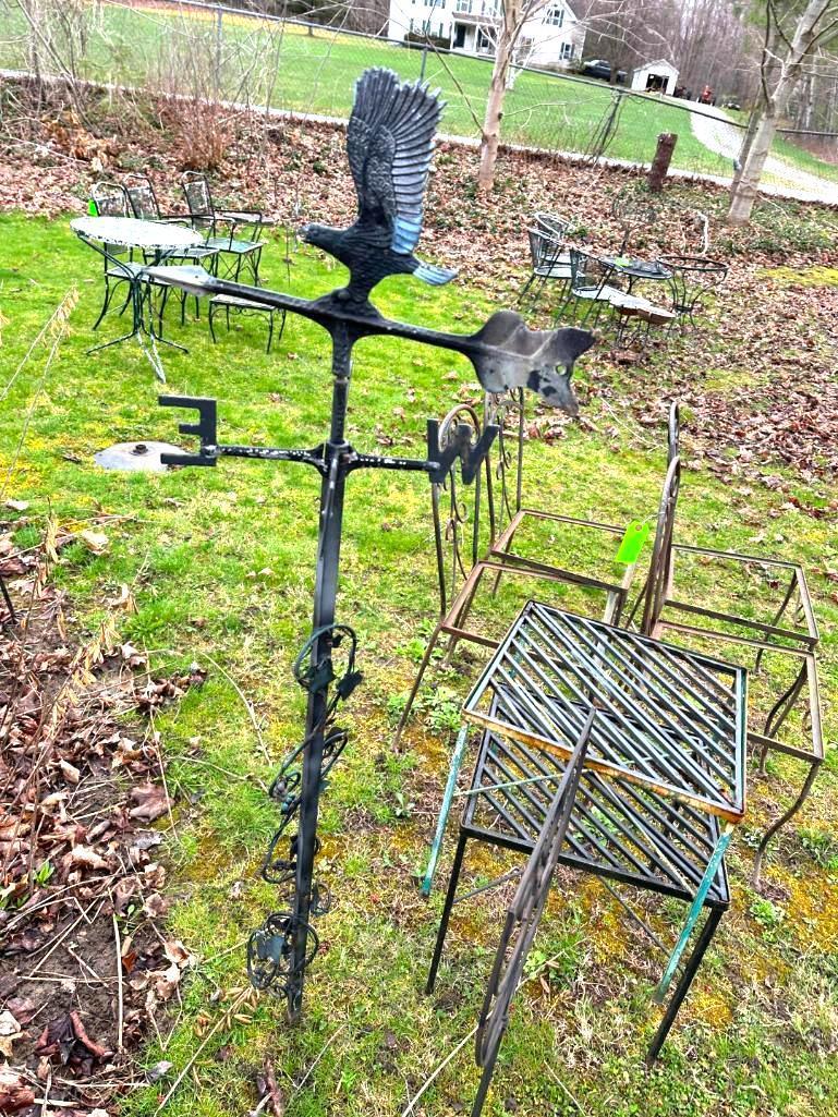 (4) Iron Chairs, (2) Side Tables, Weather Vane & Art