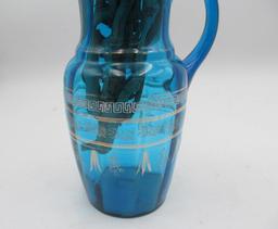 19thC Blue Glass Pitcher w/Applied Handle